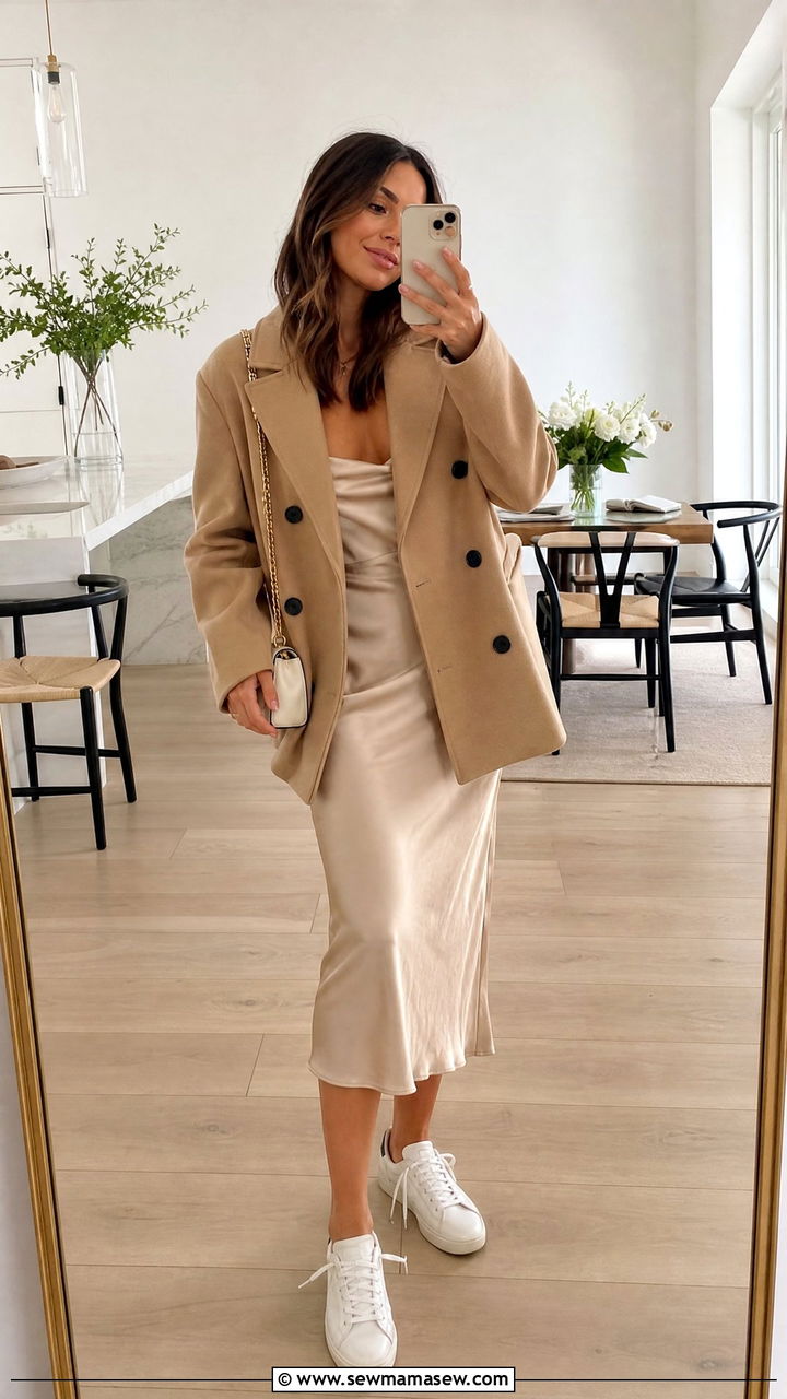Pea Coat With Slip Dress And Sneakers Spring Outfit - 25 Spring outfits with pea coat