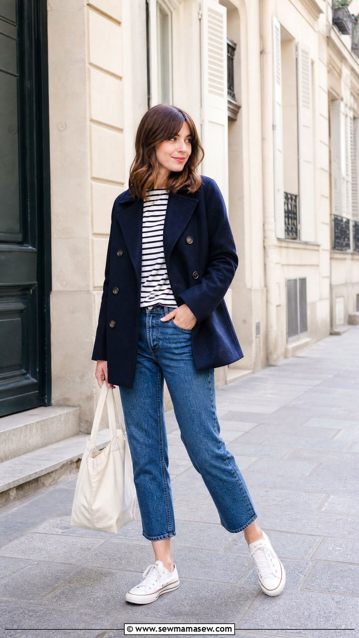 Pea Coat With Striped Breton Top And Cropped Jeans Spring Outfit - 25 Spring outfits with pea coat