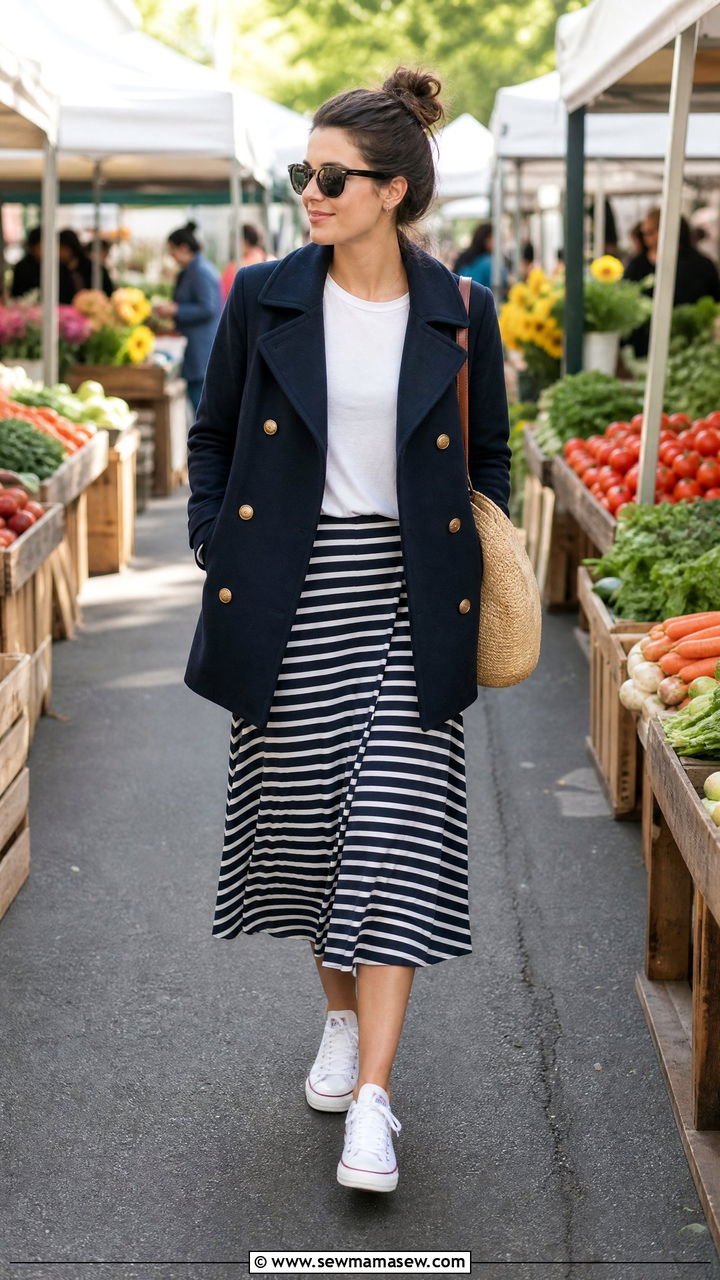 Pea Coat With Striped Midi Skirt And Canvas Sneakers Spring Outfit - 25 Spring outfits with pea coat