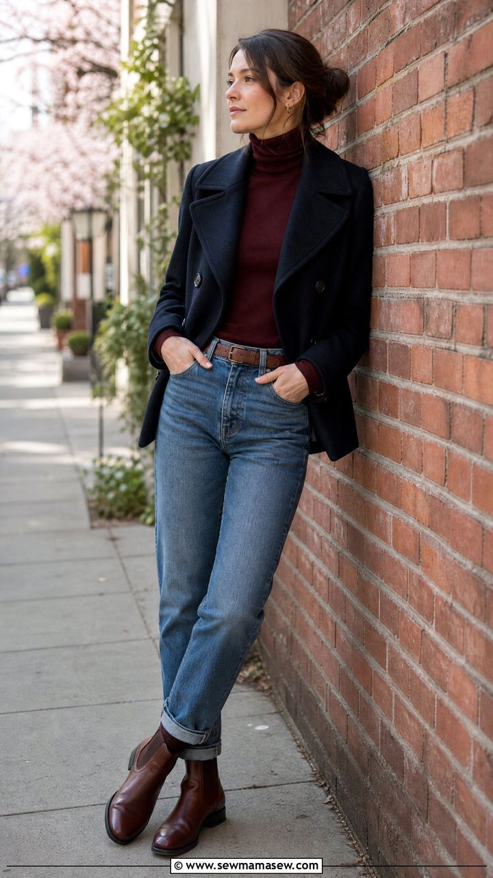 Pea Coat With Turtleneck And Straight Leg Jeans Spring Outfit - 25 Spring outfits with pea coat