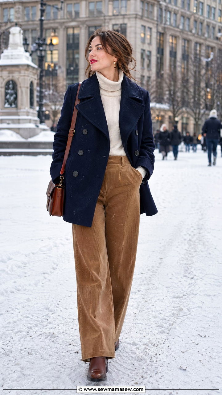Pea Coat and Corduroy Pants Outfit - 35 Downtown girl outfit ideas