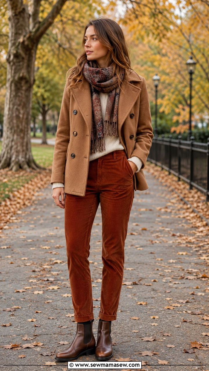 Pea Coat with Crewneck Sweater and Corduroy Pants - 30 How to style a pea coat