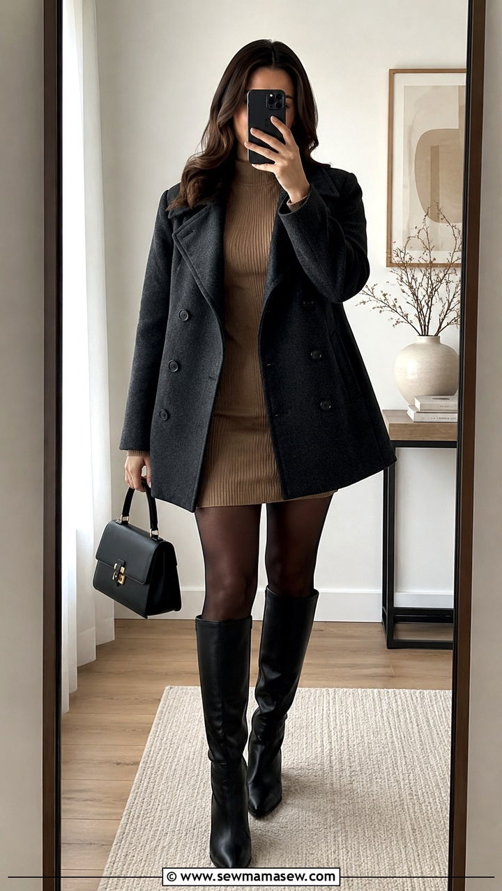Pea Coat with Sweater Dress and Knee High Boots - 30 How to style a pea coat