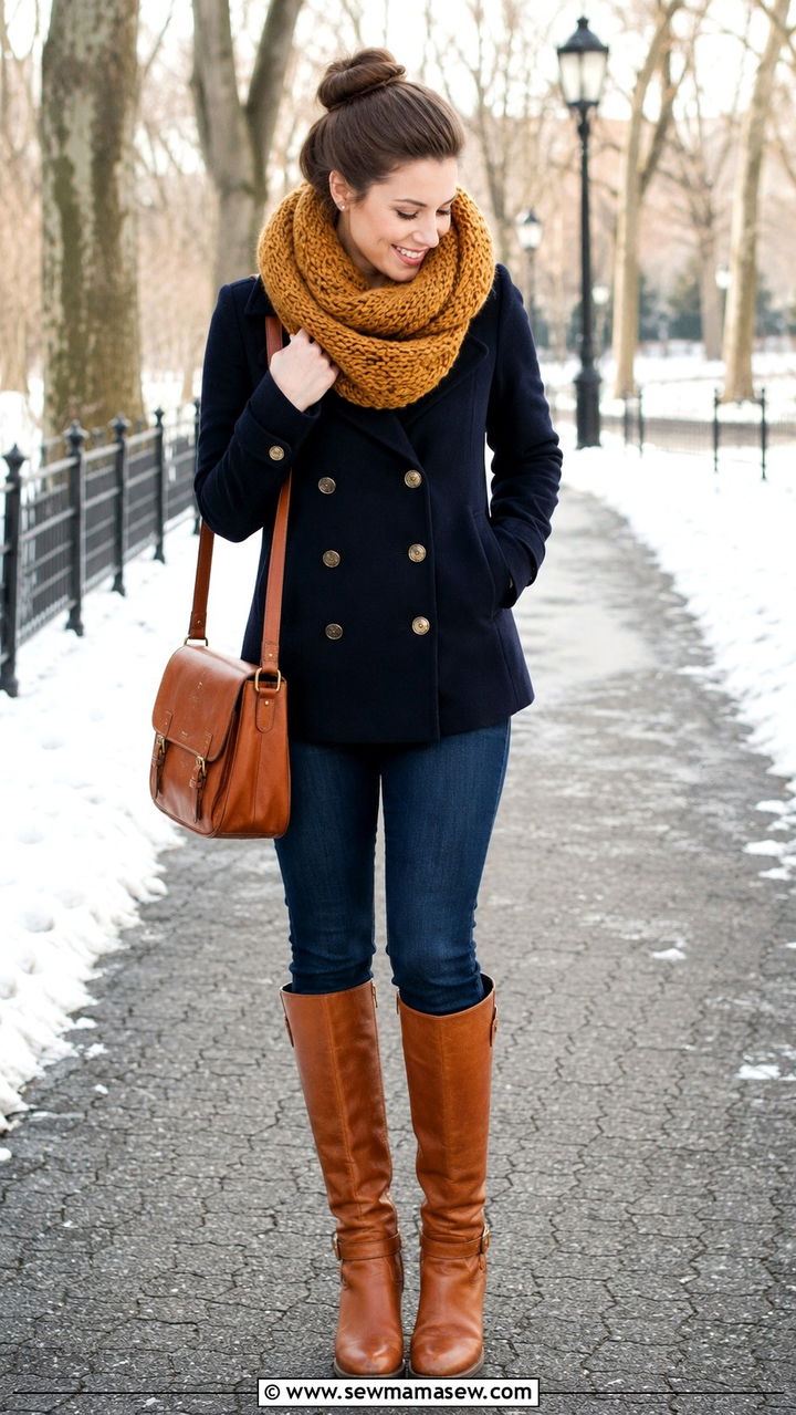 Pea Coat with a Chunky Scarf and Riding Boots - 30 How to style a pea coat