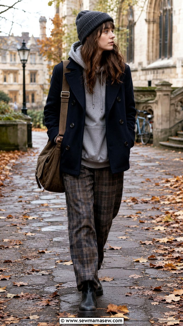 Pea coat with a hoodie and plaid trousers - 30 Chaotic academia outfit ideas