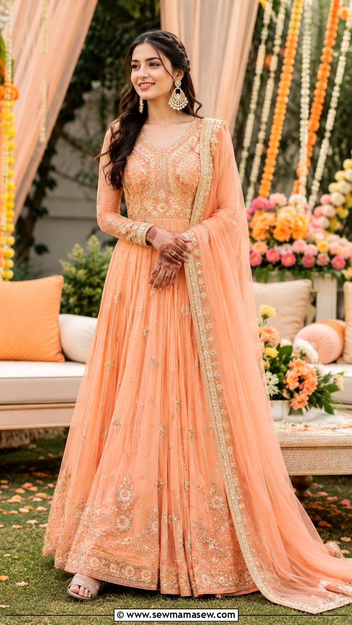 Peach Anarkali Gown Outfit - 25 Mehndi outfit ideas 2026