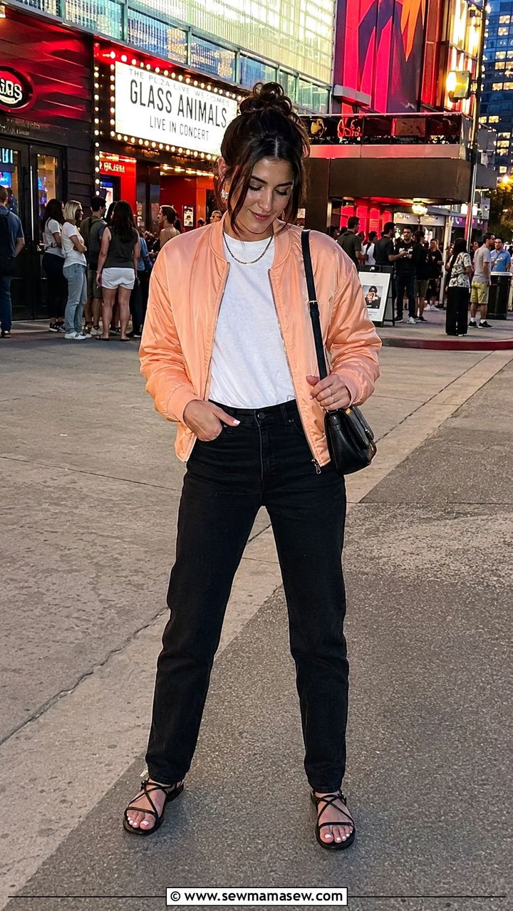 Peach Bomber Jacket With Black Jeans Spring Outfit - 30 Spring peach outfit ideas