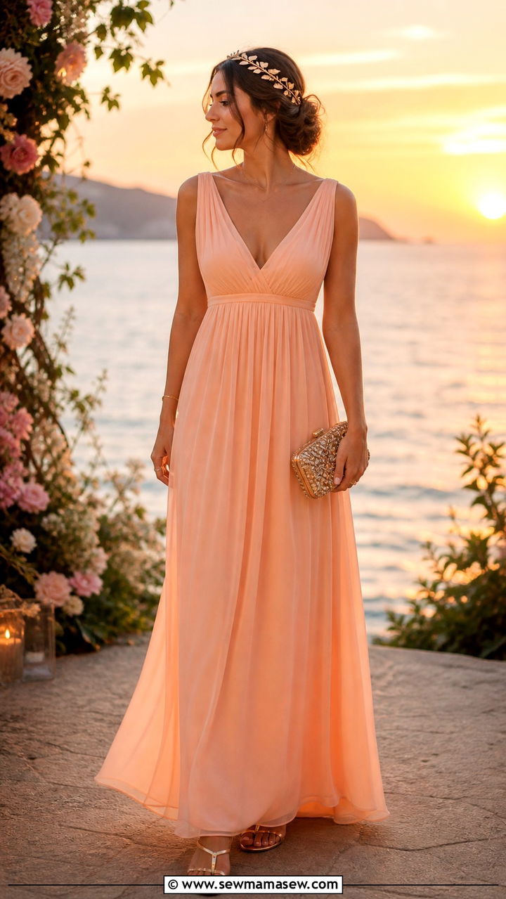Peach Chiffon Empire Waist Maxi Dress - 40 Elegant wedding guest outfits