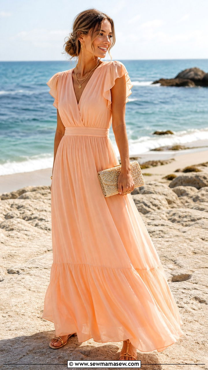 Peach Chiffon Maxi Dress With Gold Sandals - 40 spring wedding guest outfit ideas