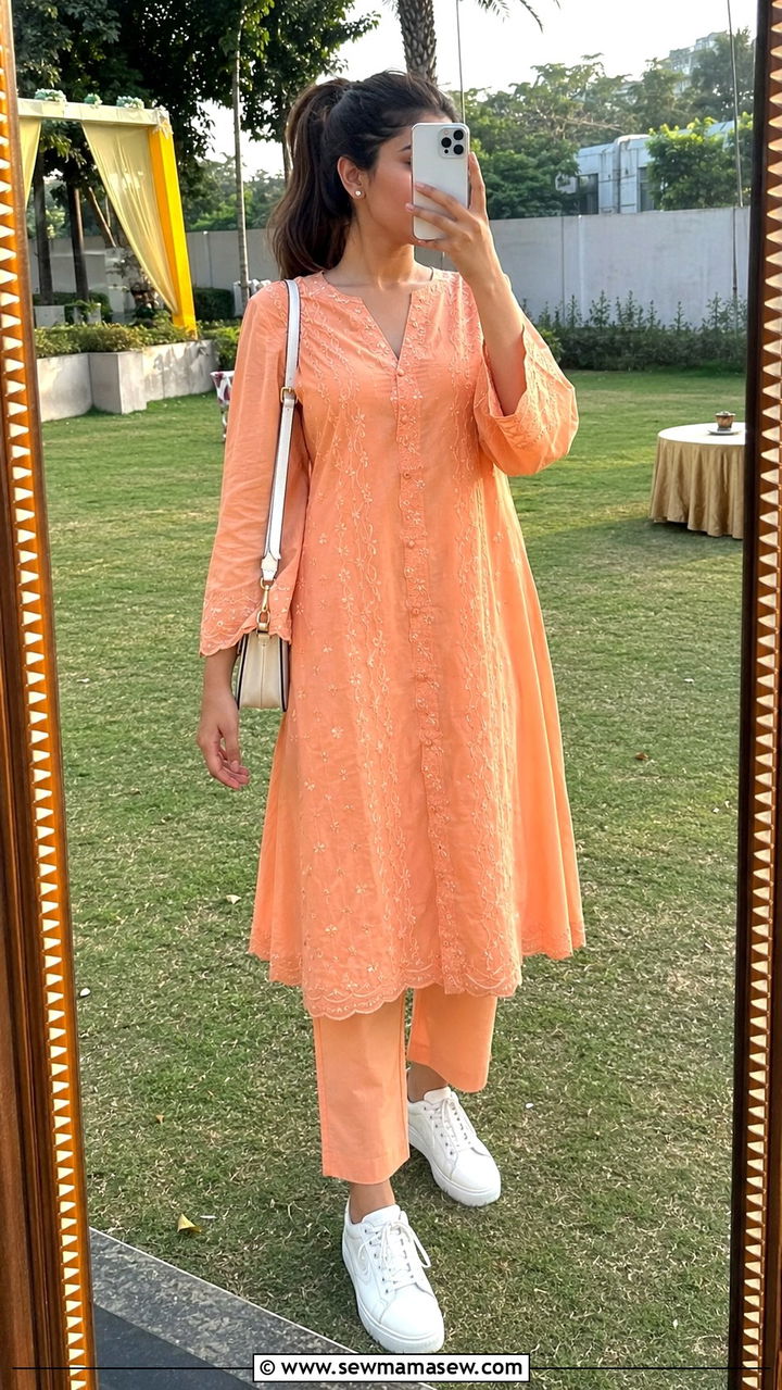 Peach Co Ord Set With White Sneakers - 20 Wedding guest outfit ideas Haldi ceremony