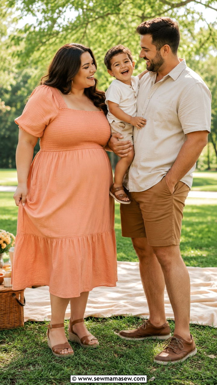 Peach Cotton Midi Dress With Brown Espadrilles - 30 Plus size outfit ideas for family photos