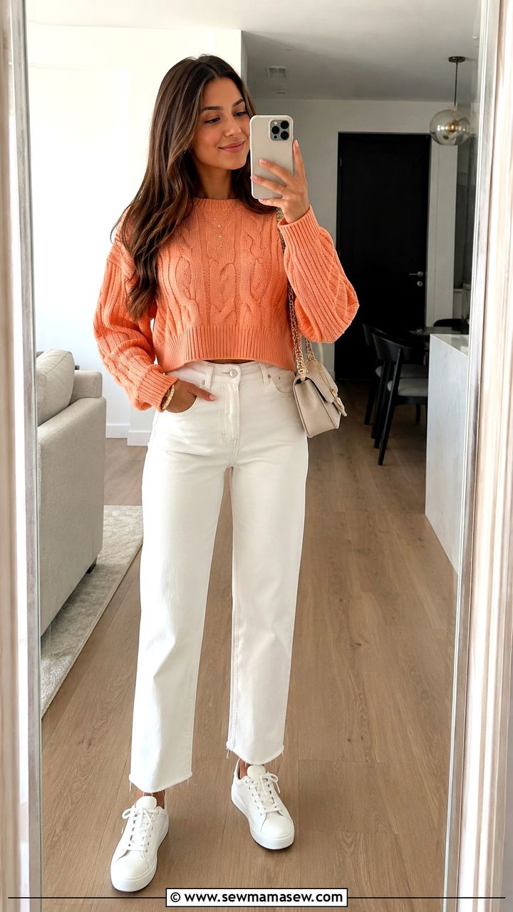 Peach Cropped Sweater With High Waist Jeans Spring Outfit - 30 Spring peach outfit ideas