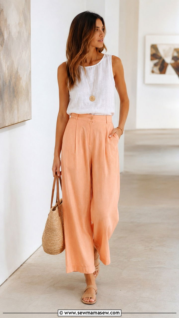 Peach Culottes With Linen Top Spring Outfit - 30 Spring peach outfit ideas