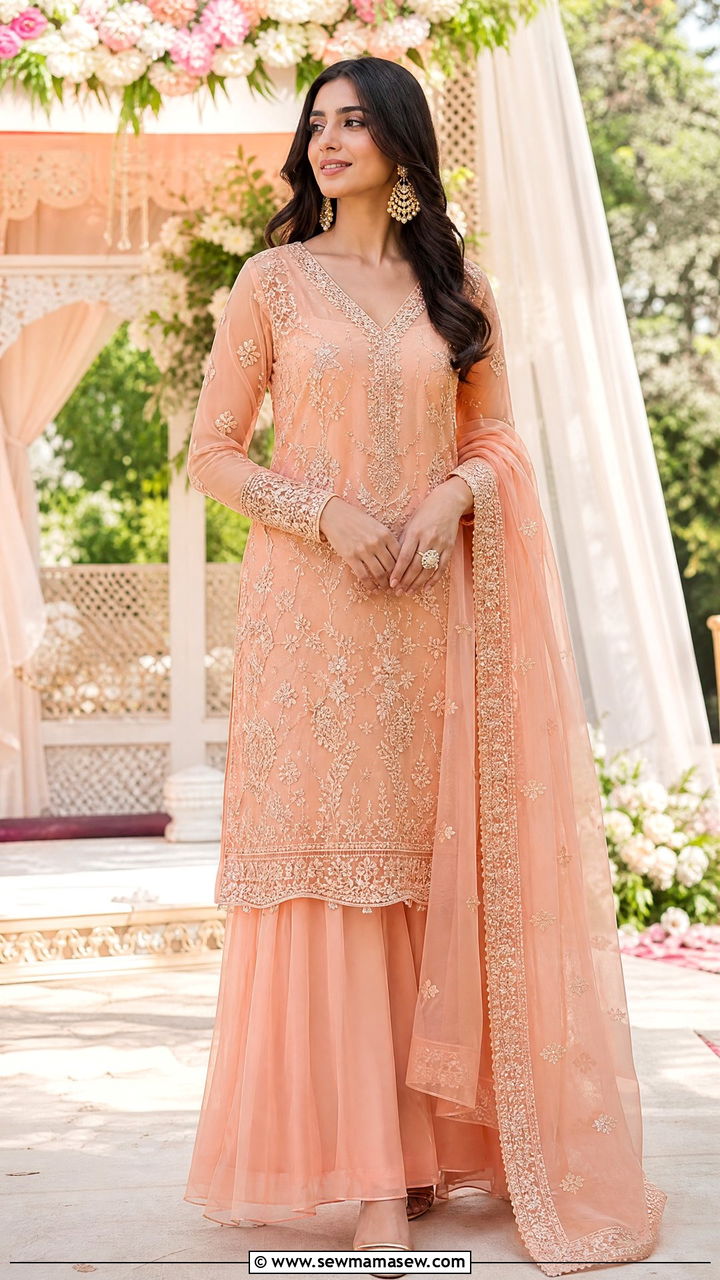 Peach Embroidered Chiffon Kurta And Palazzo Set - 35 Matching set outfit ideas for wedding guest