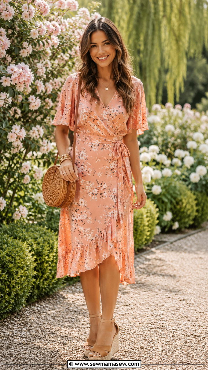 Peach Floral Dress With Wedges Spring Outfit - 30 Spring peach outfit ideas