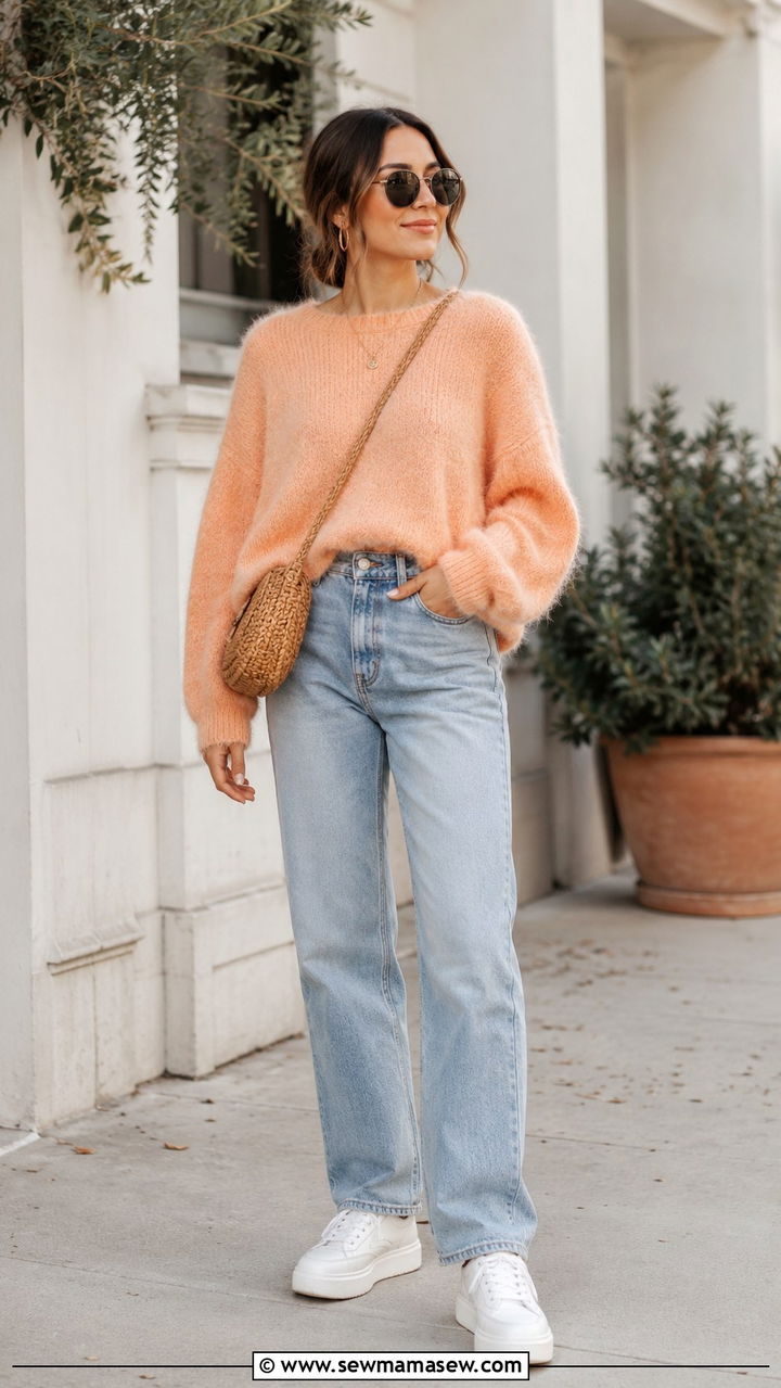 Peach Fuzz Sweater With Jeans - 25 Peach fuzz outfit ideas