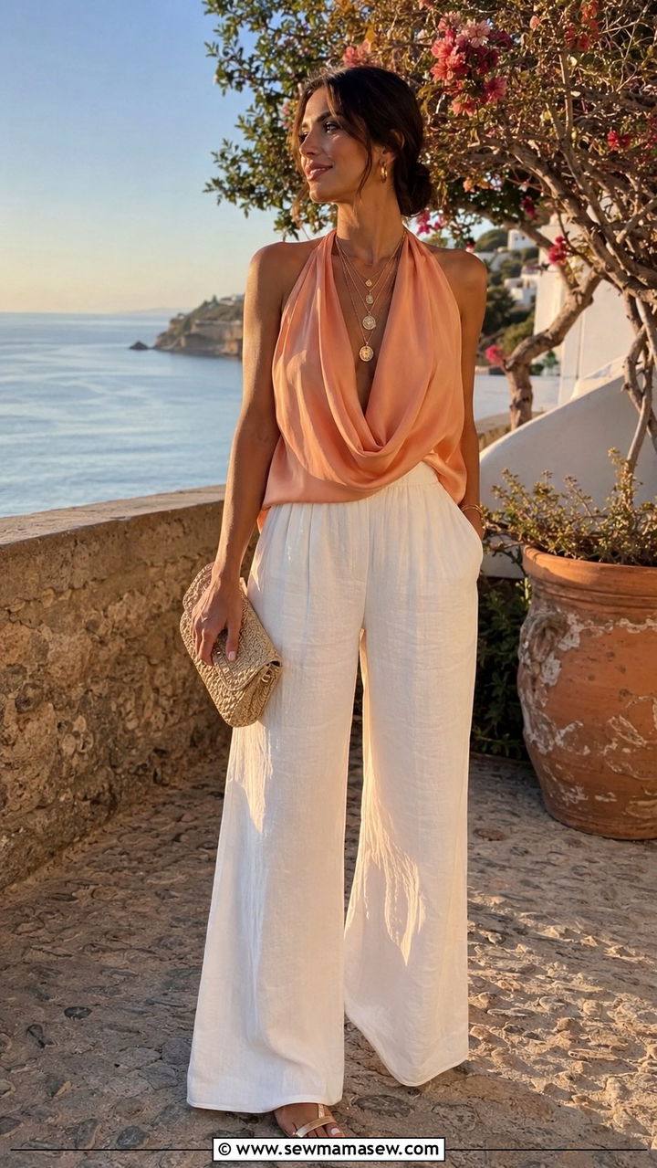 Peach Halter Top With Wide Leg Pants Spring Outfit - 30 Spring peach outfit ideas