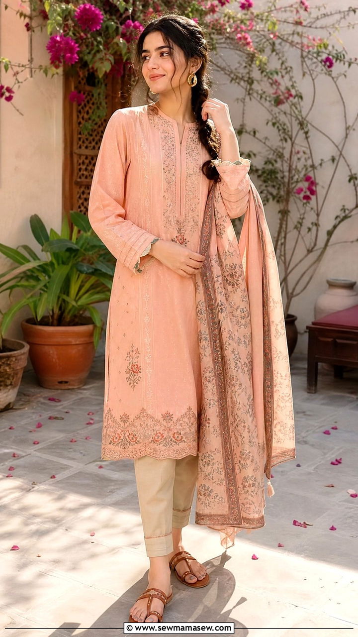 Peach Kurta with Cigarette Pants and Kolhapuri Sandals - 30 Eid outfit ideas for teens