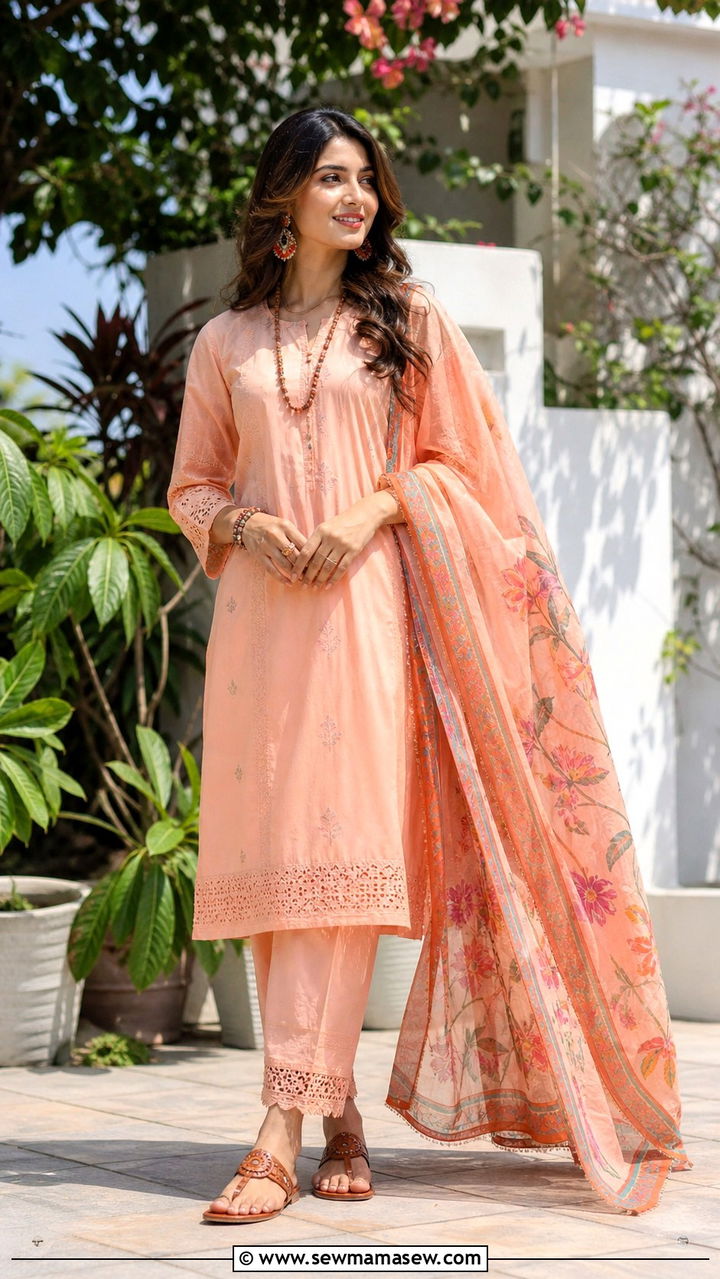Peach Lawn Suit With Printed Dupatta - 40 Eid outfit ideas for women