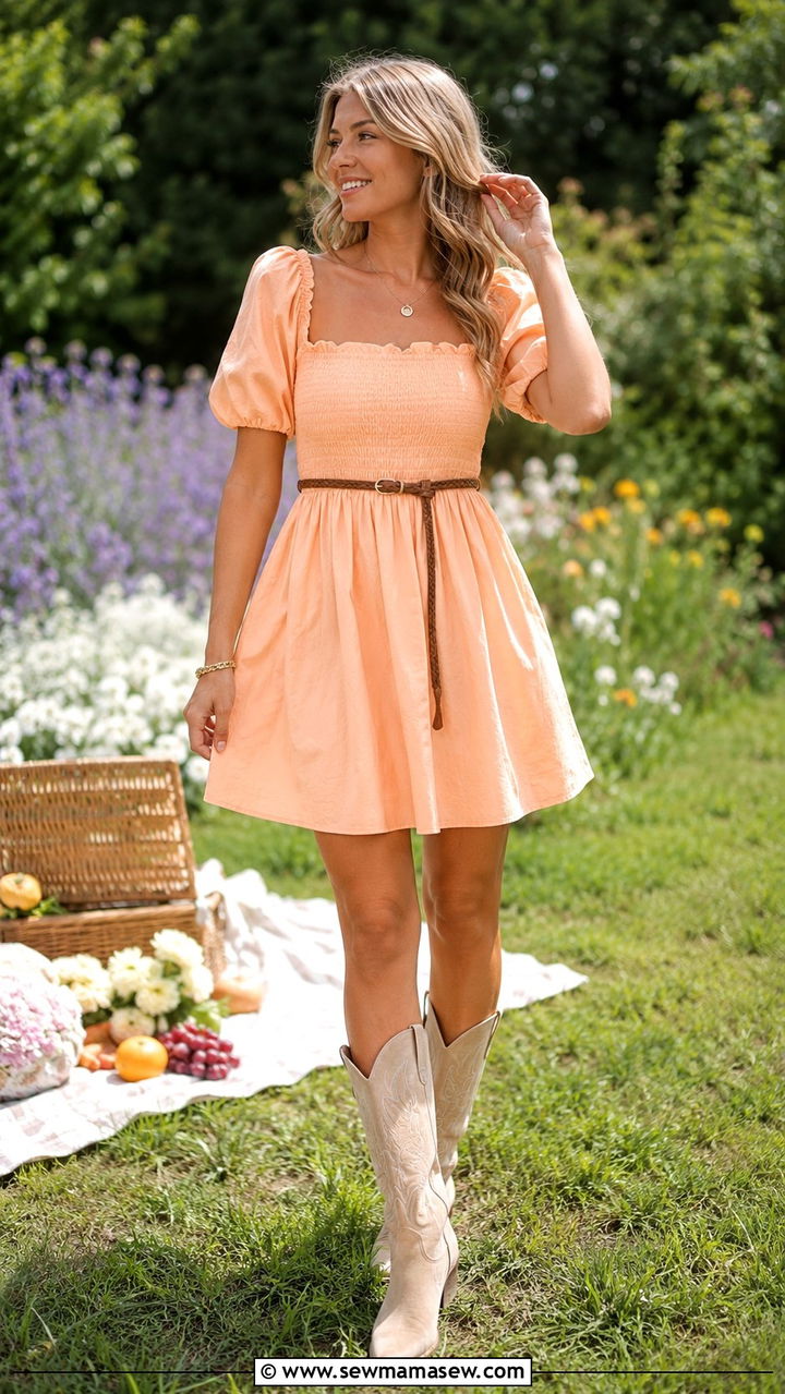 Peach Mini Dress with Beige Suede Cowgirl Boots - 20 cute coastal cowgirl outfits