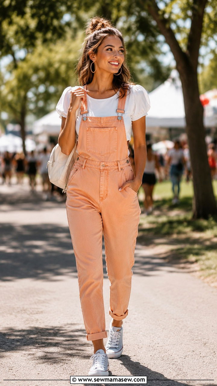 Peach Overalls With White Tee Spring Outfit - 30 Spring peach outfit ideas