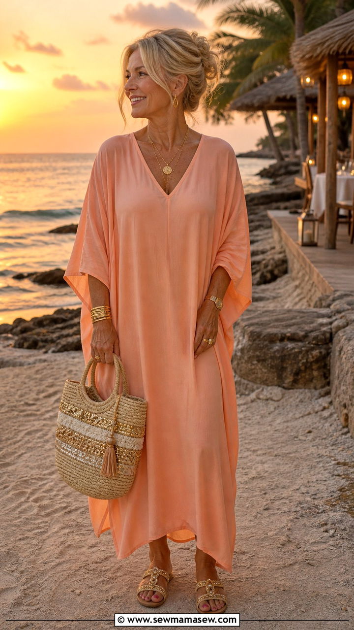 Peach Rayon Kaftan for Sunset Beach Dinner - 40 Summer outfit ideas for women over 50 2026