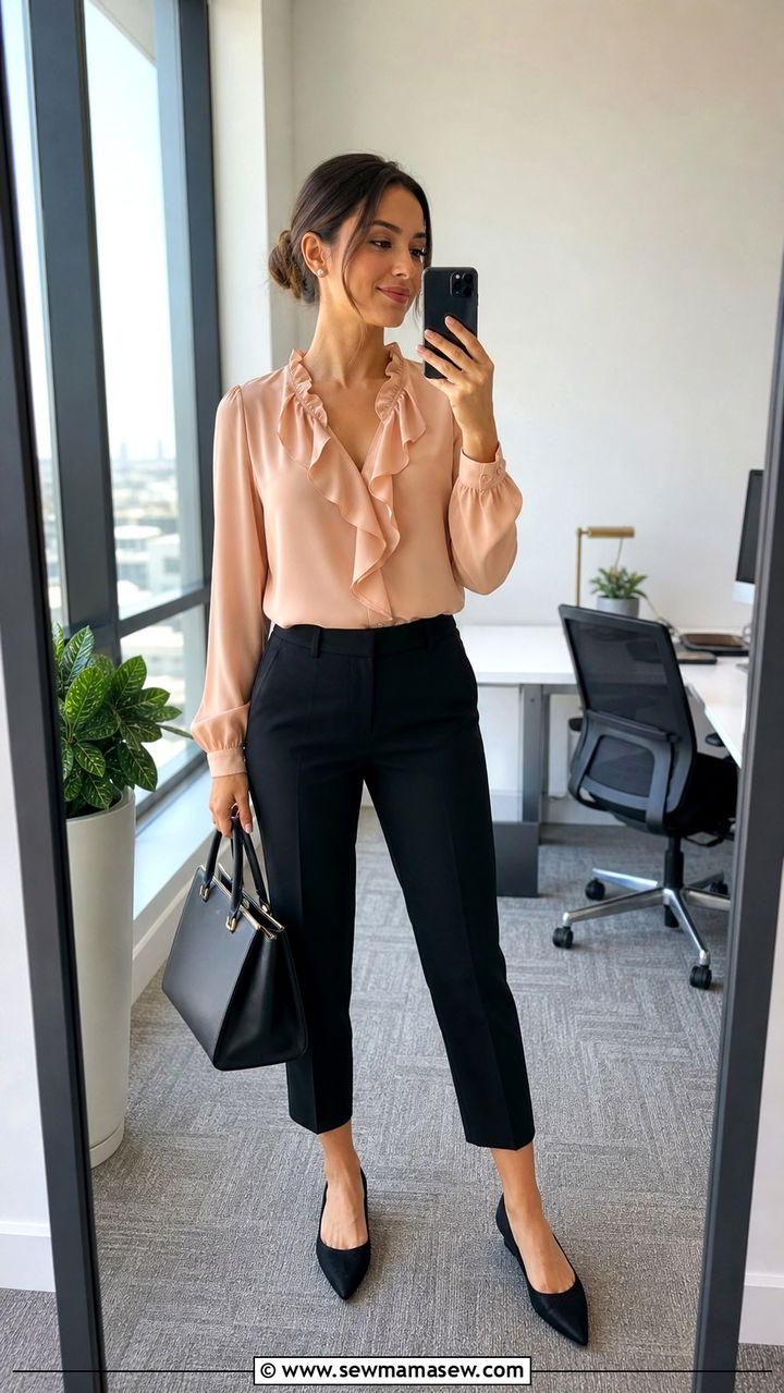 Peach Ruffle Blouse and Cropped Trousers Outfit - 40 Summer outfit ideas for women over 40 2026