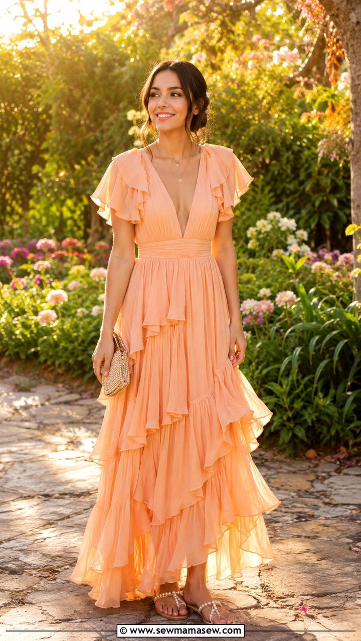 Peach Ruffled Maxi Dress With Pearl Details - 30 Tropical wedding guest outfit ideas