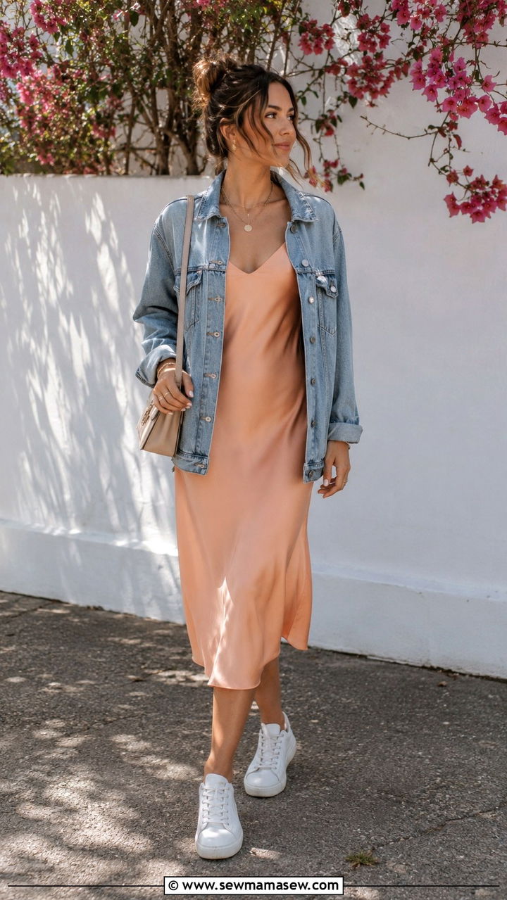 Peach Slip Dress With Denim Jacket Spring Outfit - 30 Spring peach outfit ideas