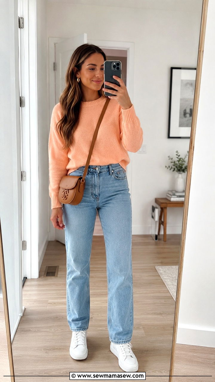 Peach Sweater With Light Blue Jeans Spring Outfit - 30 Spring peach outfit ideas