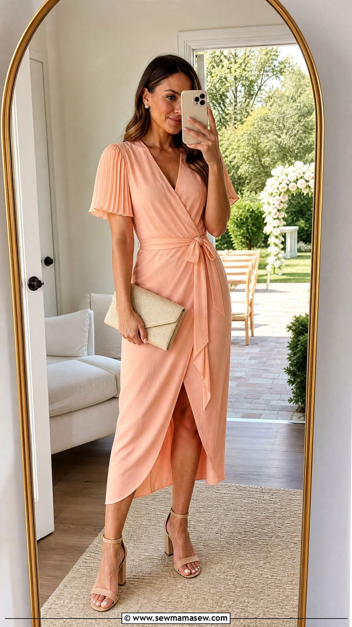 Peach Wrap Dress With Neutral Block Heels - 30 classy spring wedding guest outfit ideas