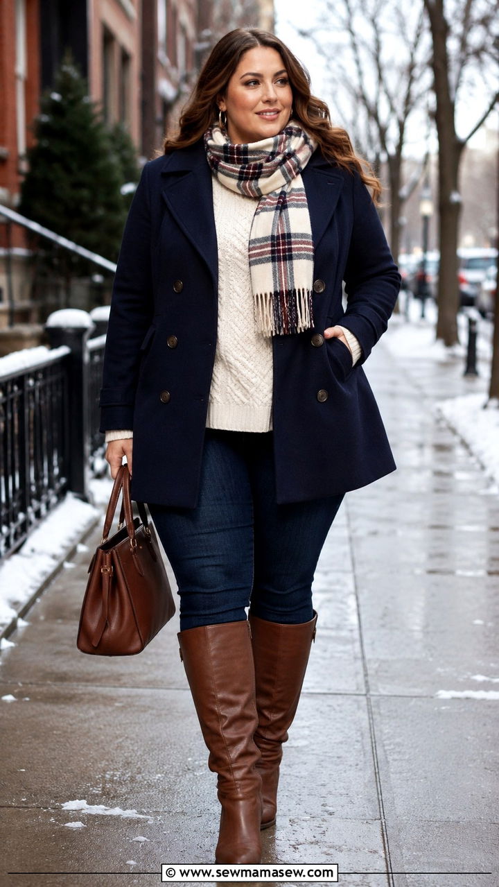 Peacoat And Skinny Jeans Outfit For Plus Size Women - 25 Preppy outfits for curvy women