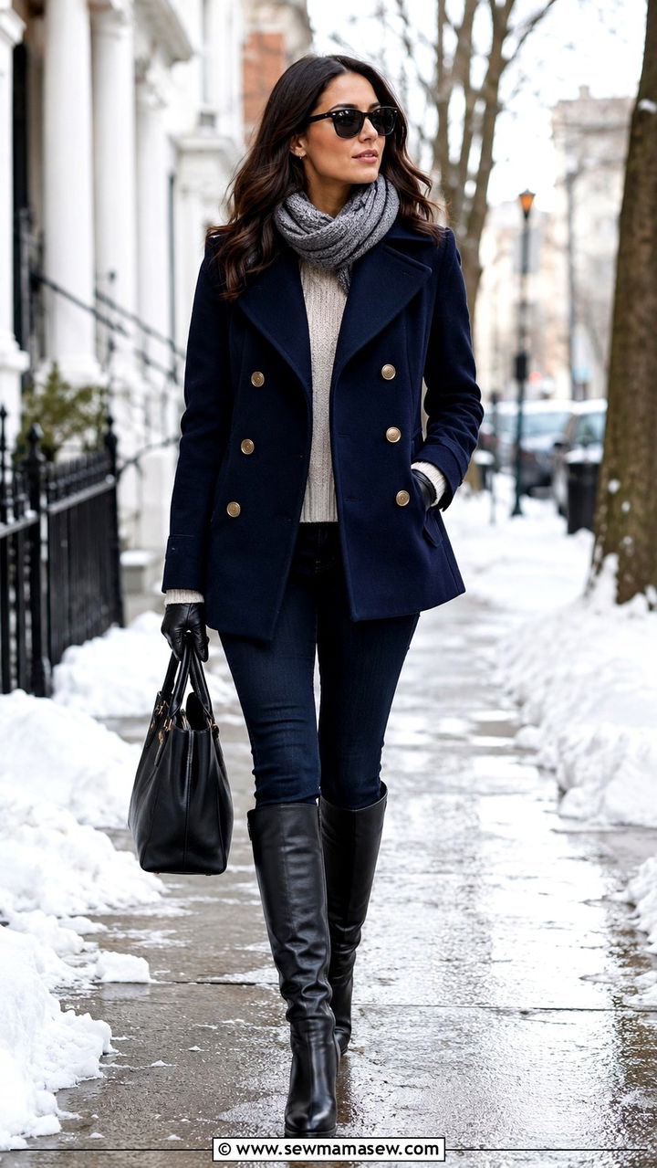 Peacoat With Skinny Jeans And Knee High Boots - 30 Pinterest outfits to copy
