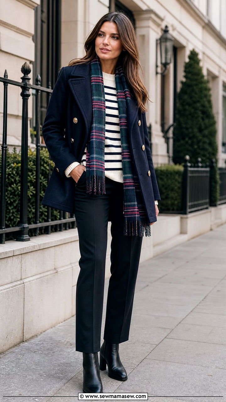 Peacoat With Striped Sweater And Dark Trousers - 30 preppy outfit ideas for women