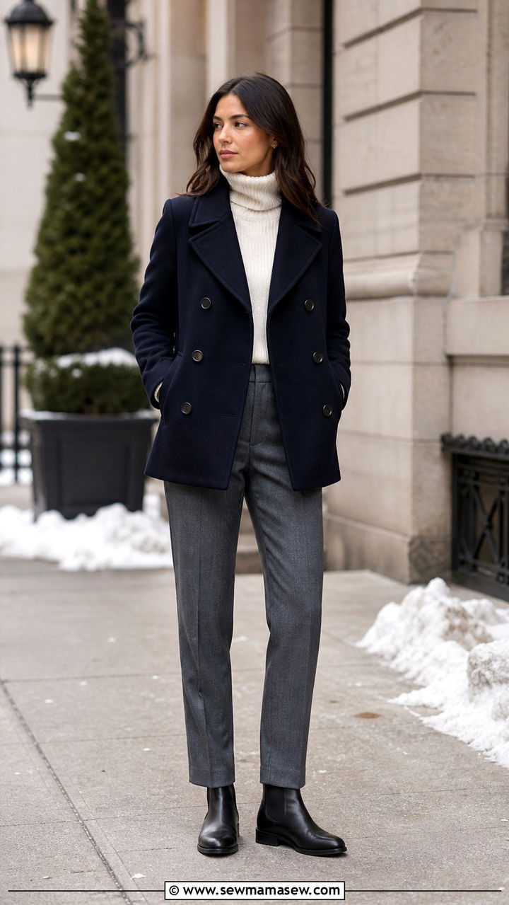 Peacoat With Turtleneck and Wool Trousers With Chelsea Boots - 30 casual preppy outfits
