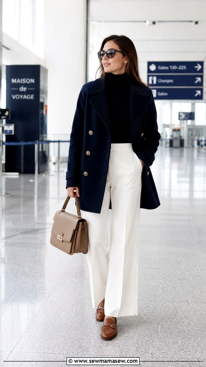 Peacoat With White Wide Leg Pants and Loafers - 25 Airport outfit ideas for cold destination