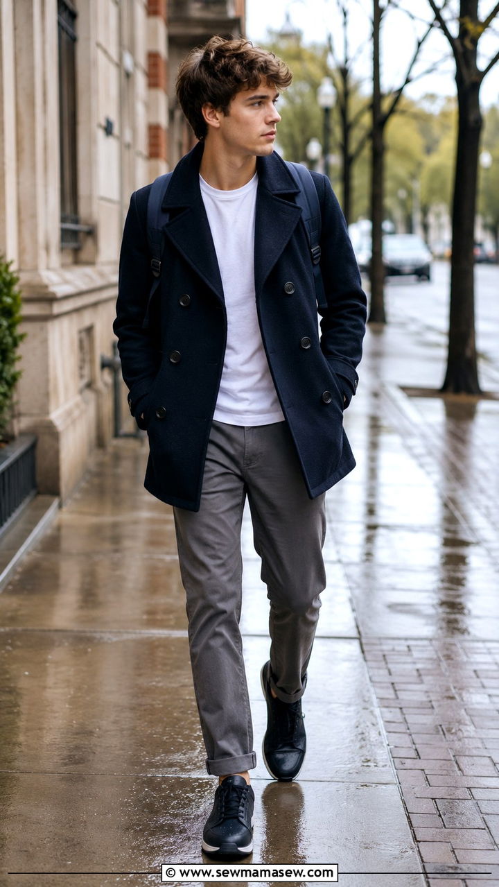 Peacoat and Casual Trousers School Outfit - 30 Rainy day school outfit ideas