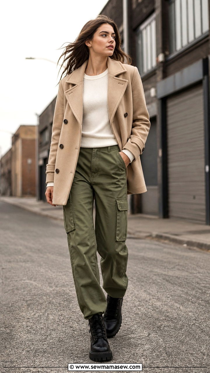 Peacoat with Cargo Pants and Chunky Boots - 40 Pea coat outfit ideas