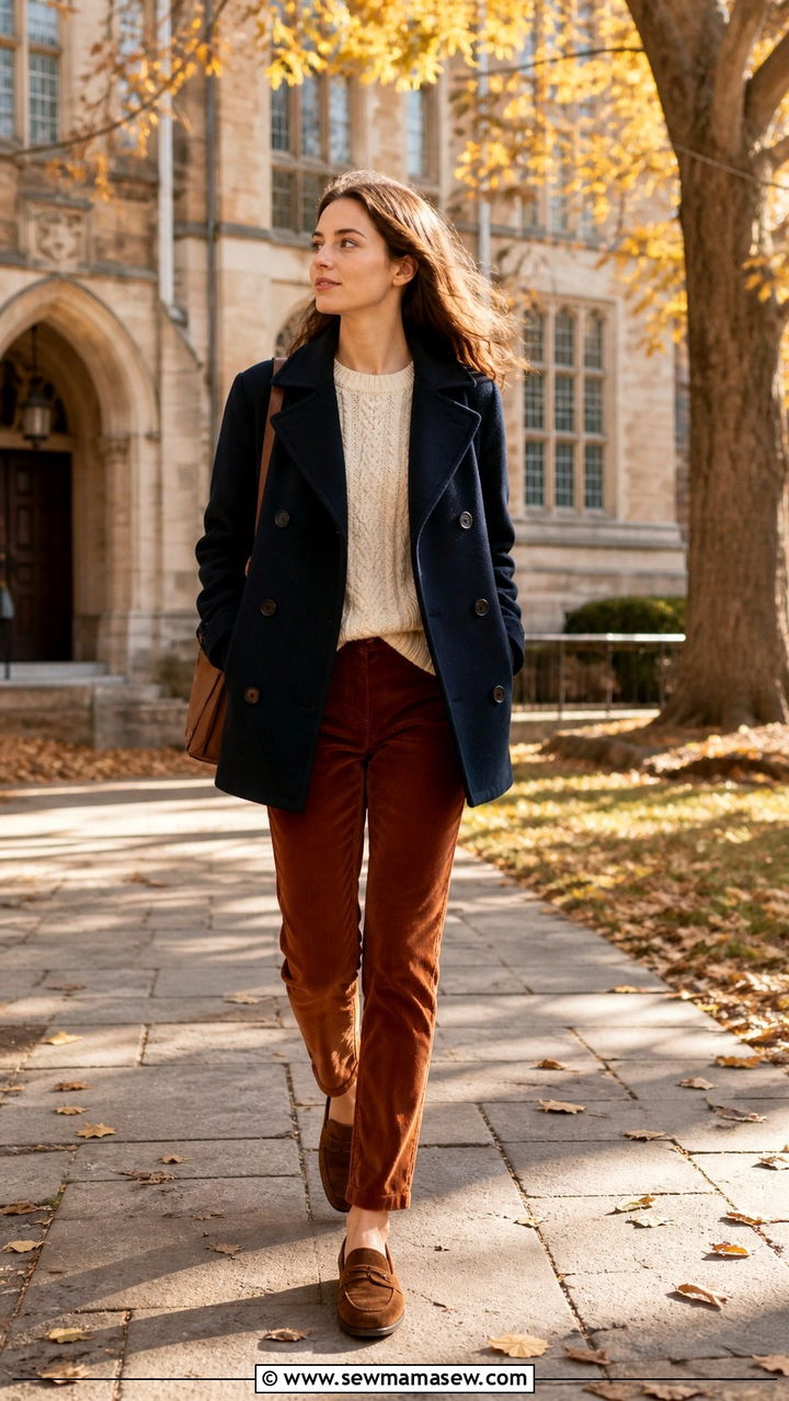 Peacoat with Corduroy Pants and Suede Loafers - 40 Pea coat outfit ideas