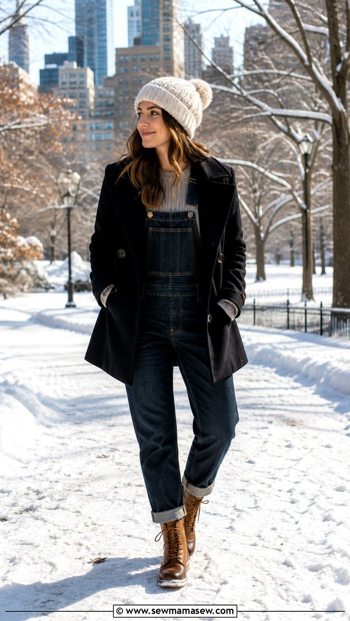 Peacoat with Overalls and a Beanie - 40 Pea coat outfit ideas