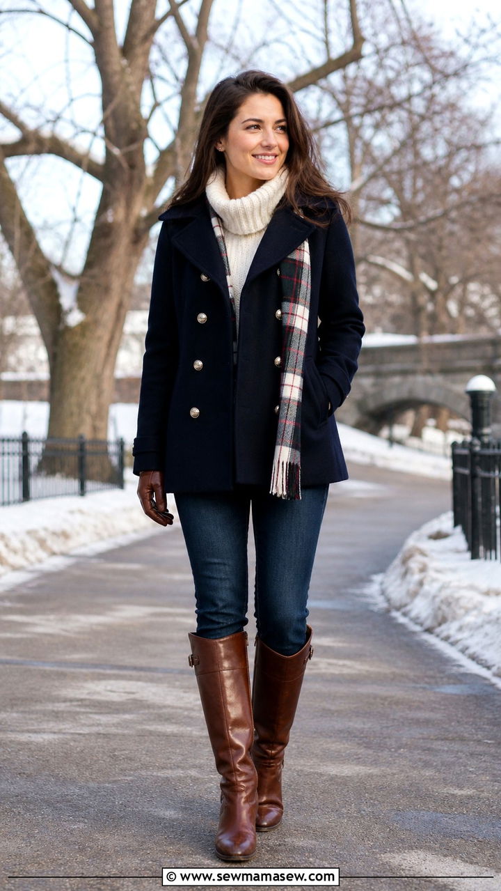 Peacoat with Straight Jeans and Riding Boots - 40 jeans outfit ideas for women