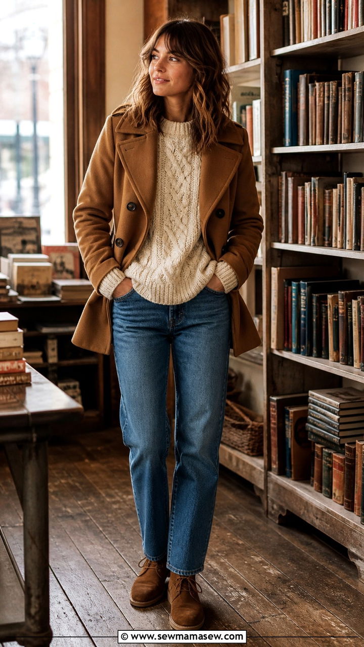 Peacoat with Straight Leg Jeans and a Chunky Sweater - 40 Pea coat outfit ideas