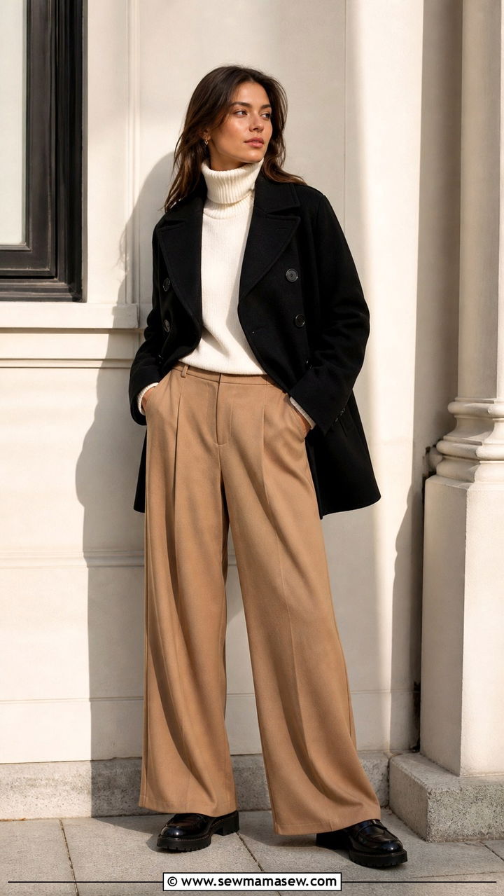 Peacoat with Wide Leg Trousers and Loafers - 40 Pea coat outfit ideas