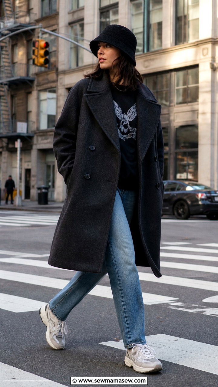 Peacoat with a Bucket Hat and Chunky Sneakers - 40 Pea coat outfit ideas
