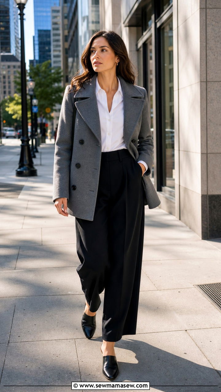Peacoat with a Button Down Shirt and Wide Leg Trousers - 40 Pea coat outfit ideas