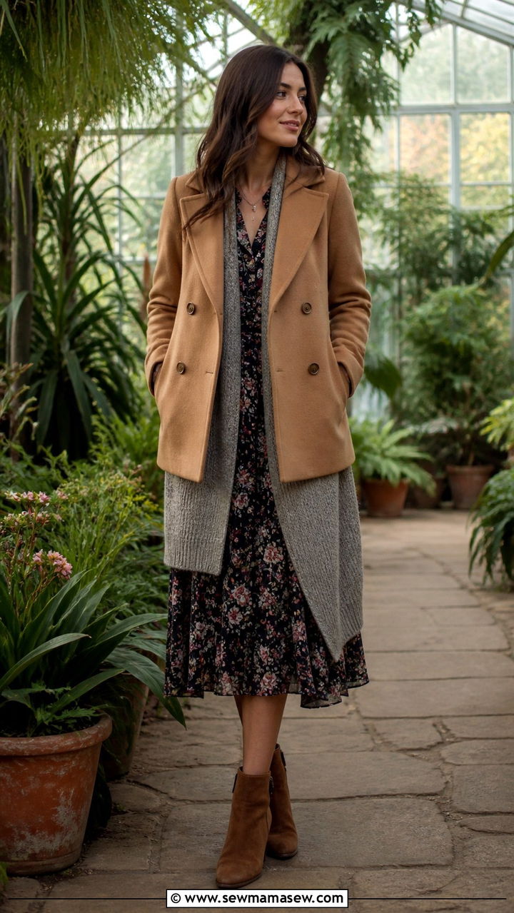 Peacoat with a Cardigan and Floral Midi Dress - 40 Pea coat outfit ideas