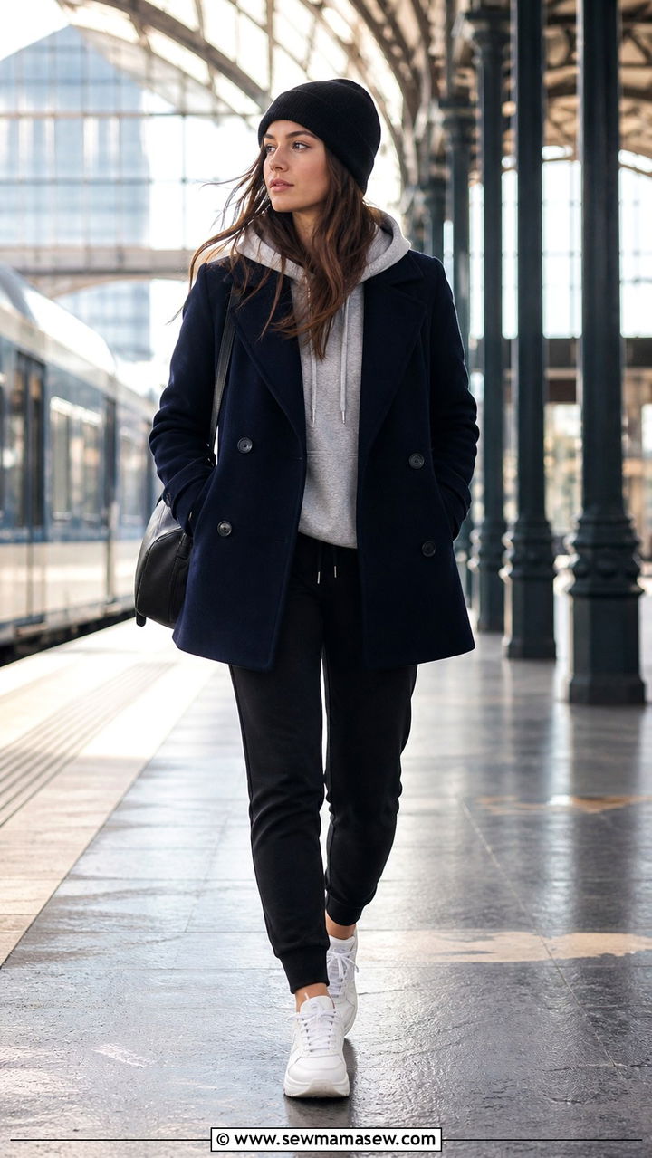 Peacoat with a Hoodie and Joggers - 40 Pea coat outfit ideas