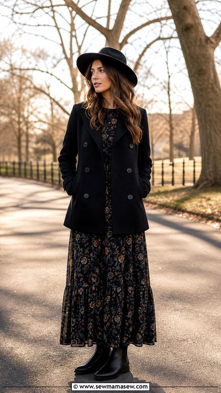 Peacoat with a Maxi Dress and Flat Ankle Boots - 40 Pea coat outfit ideas