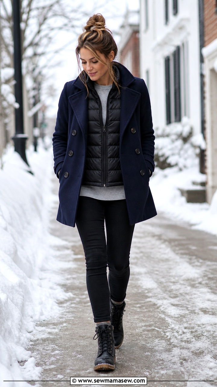 Peacoat with a Puffer Vest Layered Underneath - 40 Pea coat outfit ideas