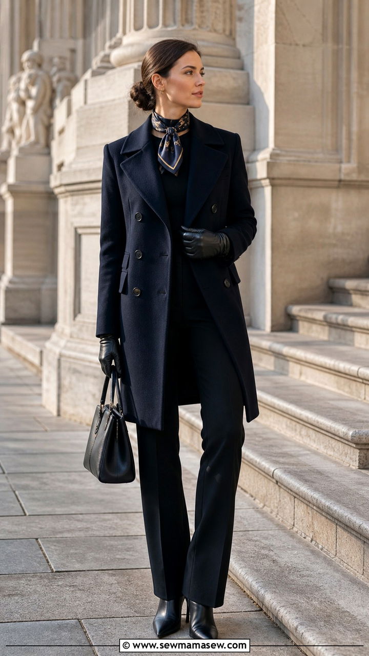 Peacoat with a Silk Scarf and Leather Gloves - 40 Pea coat outfit ideas